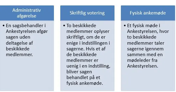 En sag i Ankestyrelsen kan afgøres administrativt, hvor en sagsbehandler afgør sagen uden deltagelse af beskikkede medlemmer. En sag kan også afgøres ved skriftlig votering, hvor to beskikkede medlemmer oplyser om de er enige i sagens indstilling. Hvis et eller flere beskikkede medlemmer er uenige, behandles sagen på et fysisk ankemøde. En sag kan endelig afgøres ved et fysisk møde i Ankestyrelsen, hvor to beskikkede medlemmer taler sagen igennem med en mødeleder fra Ankestyrelsen.