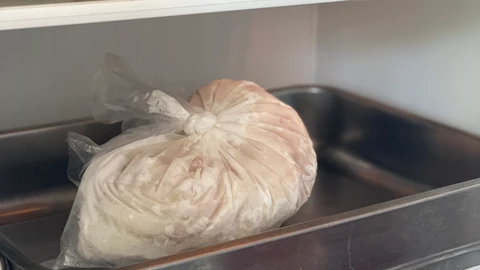 en frosen madvare i pose bliver tøet op i køleskabet