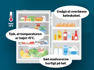 Køleskab med råd til opbevaring i køleskab. 1. Undgå at overlæsse køleskabet. 2. Tjek, at temperaturen er højst +5 grader celsius. 3. Sæt madvarerne hurtigt på køl.