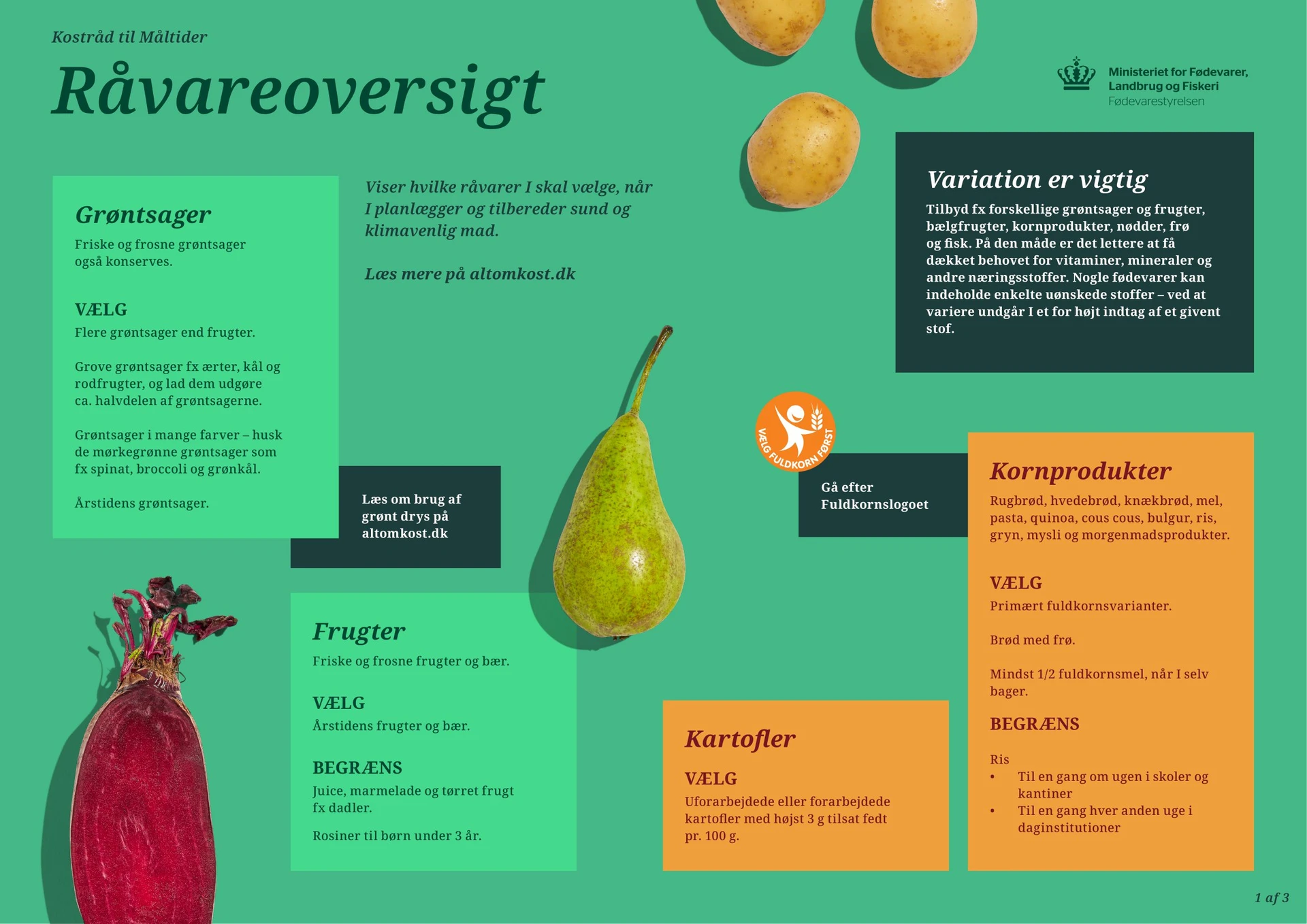 Billede viser råvareoversigten for grøntsager, frugter, kartofler og kornprodukter. Denne side handler kun om grøntsager og frugter, og tekst i billedet fremgår også i teksten på hjemmesiden.