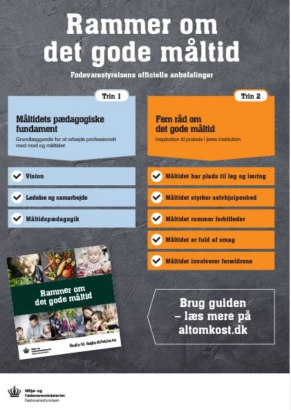 Rammer om det gode måltid. Fødevarestyrelsens officielle anbefalinger. Trin 1: 0Måltidets pædagogiske fundament. Grundlæggende for at arbejde professionelt med mad og måltider. Vision. Ledelse og samarbejde. Måltidspædagogik. Trin 2: Fem råd om det gode måltid Inspiration til praksis i jeres institution. Måltidet har plads til leg og læring. Måltidet styrker selvhjulpenhed. Måltidet rummer forbilleder. Måltidet er fuld af smag. Måtltidet involverer forældrene. Brug guiden Rammer om det gode måltid. Læs mere på Altomkost.dk. Miljø-og Fødevareministeriet. Fødevarestyrelsen