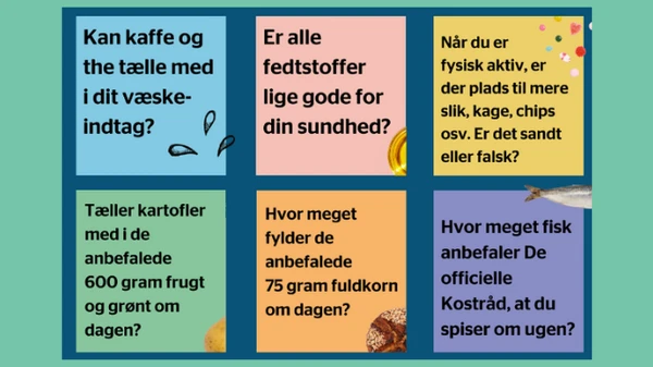 Kan kaffe og the tælle med i dit væskeindtag? Er alle fedtstoffer lige gode for din sundhed? Når du er fysisk aktiv, er der plads til mere slik, kage, chips osv. Sandt eller falsk? Tæller kartofler med i de anbefalede 600 gram frugt og grønt om dagen?  Hvor meget fylder de anbefalede 75 gram fuldkorn om dagen? Hvor meget fisk anbefaler De officielle Kostråd, at du spiser om ugen?