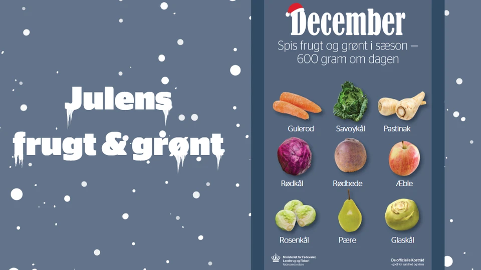 Julens frugt og grønt. December. spis frugt og grønt i sæson. Gulerod, savoykål, pastinak, rødkål, rødbede, æble, rosenkål, pære, glaskål