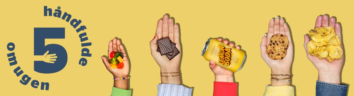 En grafik med et logo af 5 håndfulde om ugen samt fem håndfulde med hhv. slik, chokolade, sodavand, cookies og chips
