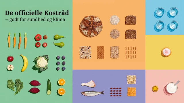Billede, som viser forskellige fødevarer inden for kostrådene: frugt, grønt, kornprodukter, fisk, kød, bælgfrugter, olier, mejeriprodukter, vand og søde sager