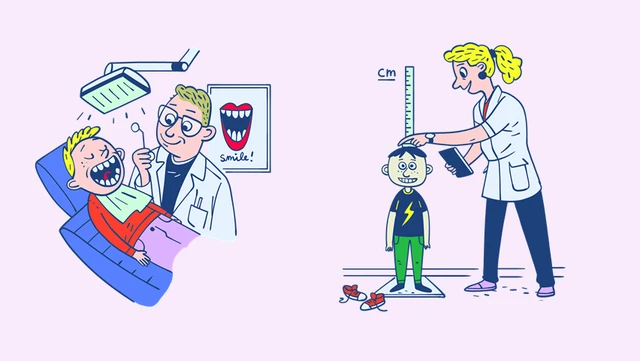 tegning af dreng hos lægen og hos  sundhedsplersken på skolen