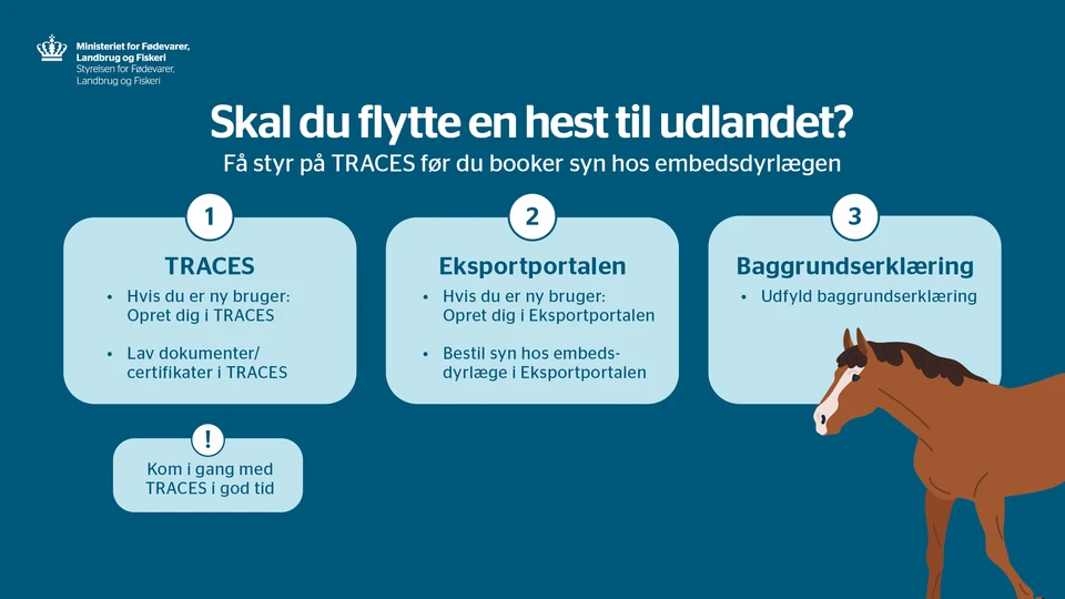 hvis du skal flytte hest til udlandet skal du gøre følgende: 1) TRACES 2) Eksportportalen 3) Baggrundserklæring