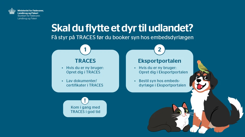 Skal du flytte et dyr til udlandet? 1) TRACES 2) Eksportportalen