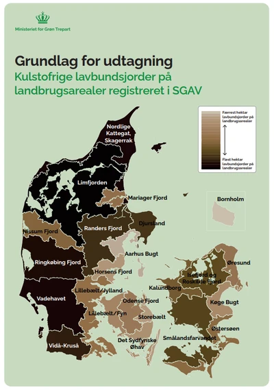 Billedet viser et danmarkskort over grundlaget for udtagning baseret på kulstofrige lavbundsjorder på landbrugsarealer. Klik på billedet for at se kortet i forstørret udgave.