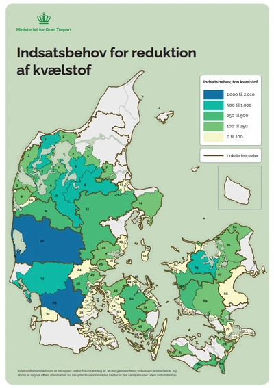 Billedet viser et danmarkskort over indsatsbehovet for reduktion af kvælstof. Klik på billedet for at se kortet i forstørret udgave.