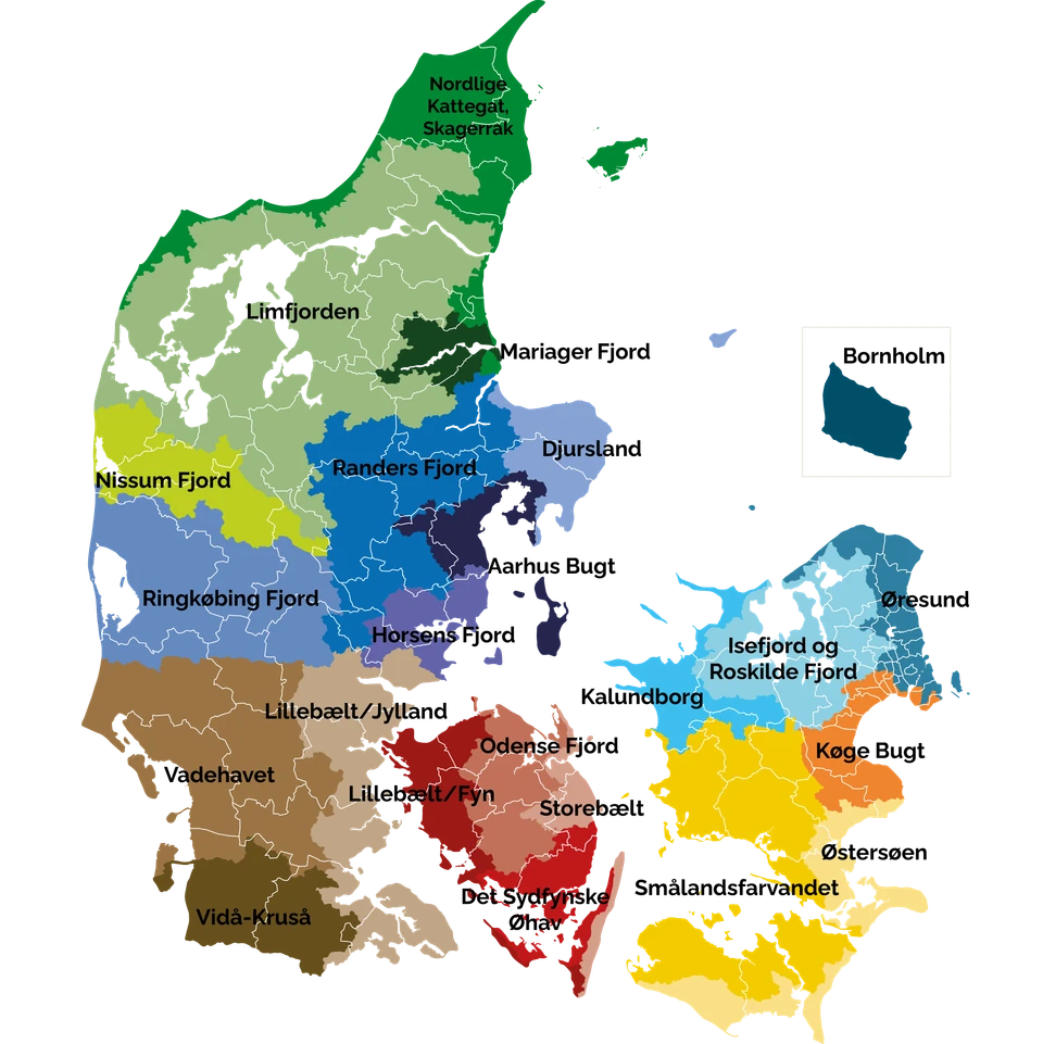 Det grafiske Danmarks kort er inddelt efter de lokale treparter, som også er navngivet på kortet.