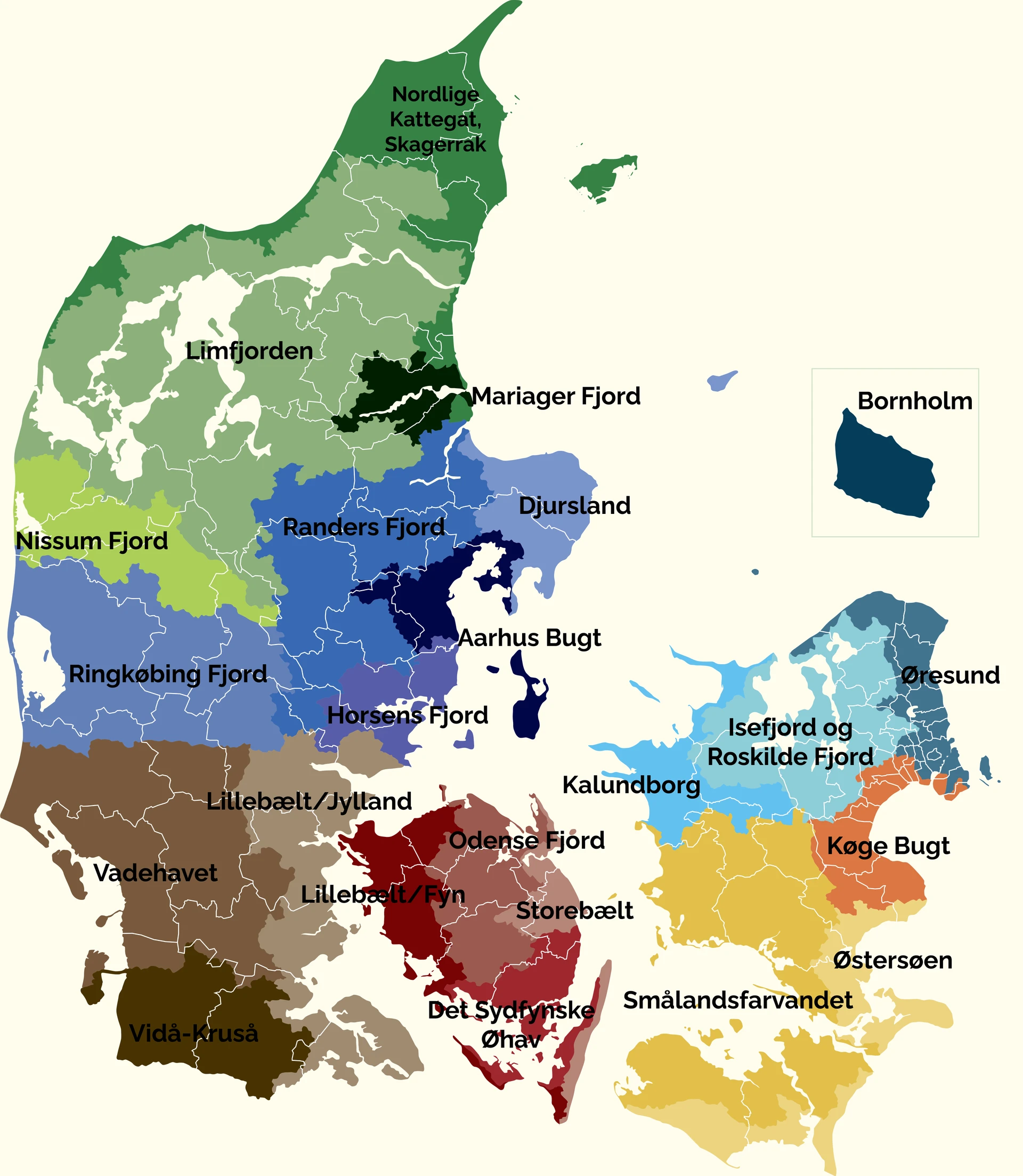 Billedet illustrerer de lokale treparters inddeling på Danmarkskortet. Billedet viser en inddelingen af landkortet i 23 forskellige deler..