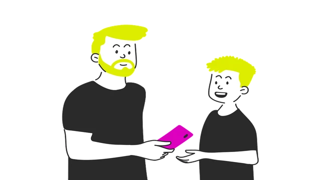 "Illustration af forælder der giver barn en telefon"