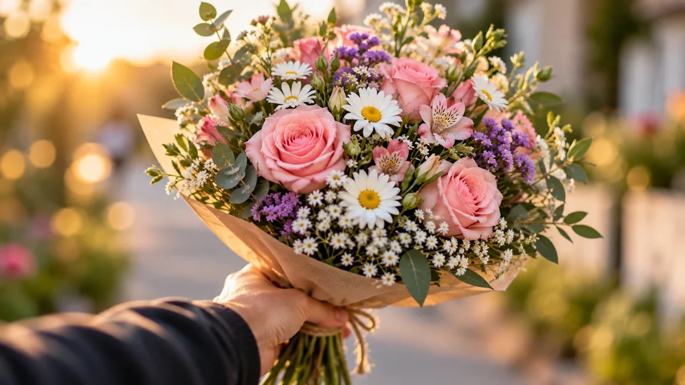 Billede af blomsterbuket der rækkes frem af en person. AI genereret.
