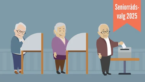 Illustration af tre aeldre personer, som er ved at stemme ved et valg.