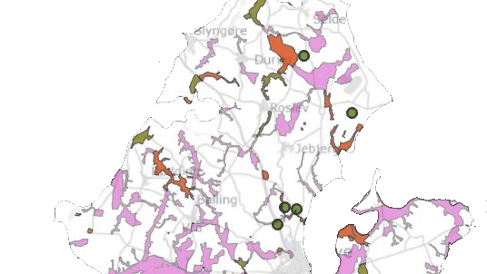 Kortet viser projektområder hvor det teoretiske potentiale for indsatser ifm Grøn Trepart er størst.