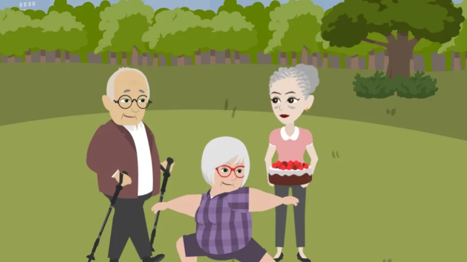 Animeret billede af tre ældre menneske som dyrker sport.