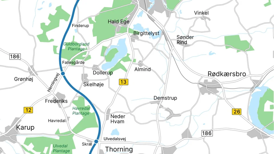Linjeføringen kommer til at gå vest om Viborg. Illustration: Vejdirektoratet