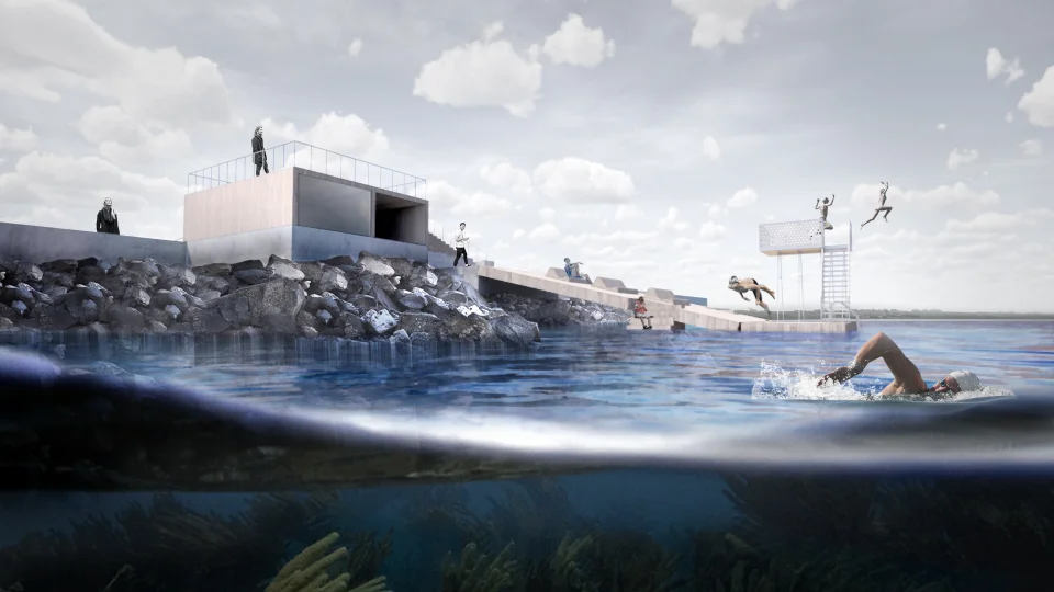 Visualisering fra JAJA Architects, der viser, hvordan det kommende outdoorcenter på Glyngøre Havn kommer til at se ud.