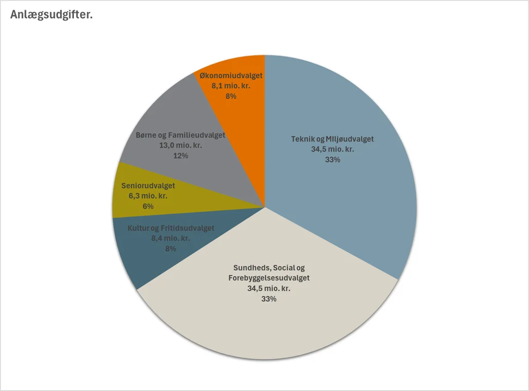 Cirkeldiagram med overblik over anlægsbudgettet fordelt på de enkelte udvalg.