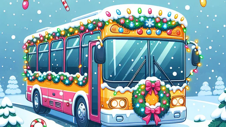 Illustration af flot pyntet julebus i snevejr.