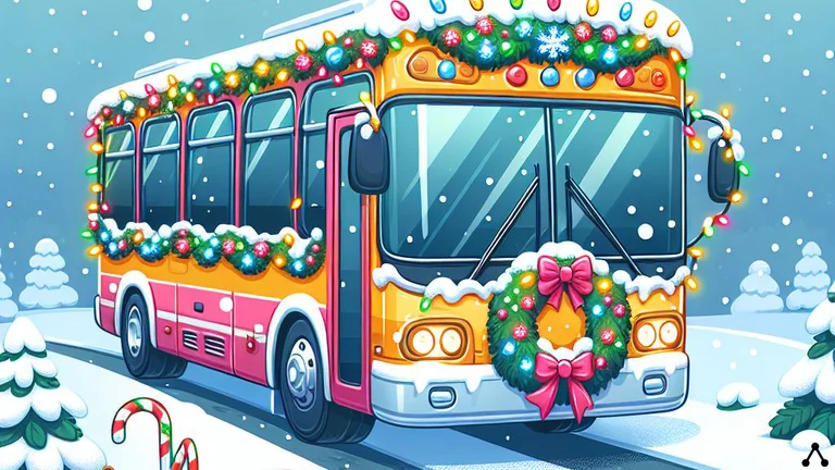 Illustration af flot pyntet julebus i snevejr.