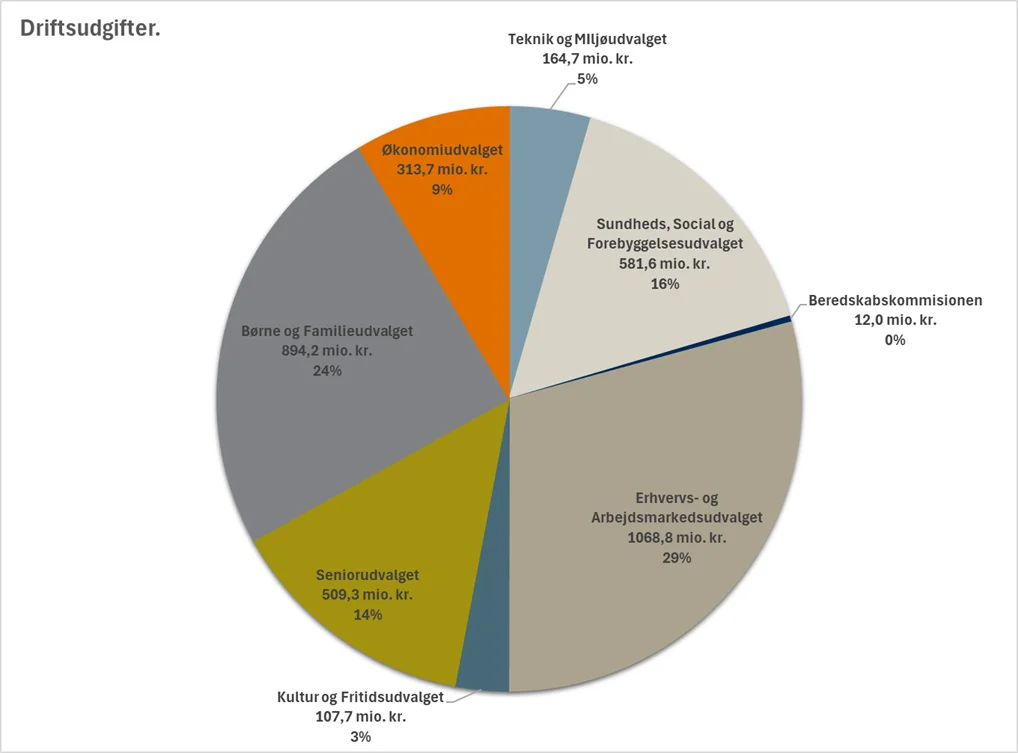Cirkeldiagram med overblik over driftsbudgettet fordelt på de enkelte udvalg.