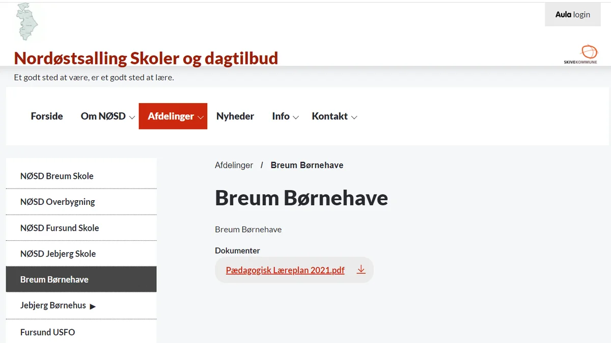 Forside på Breum Børnehaves hjemmeside (NØSD)