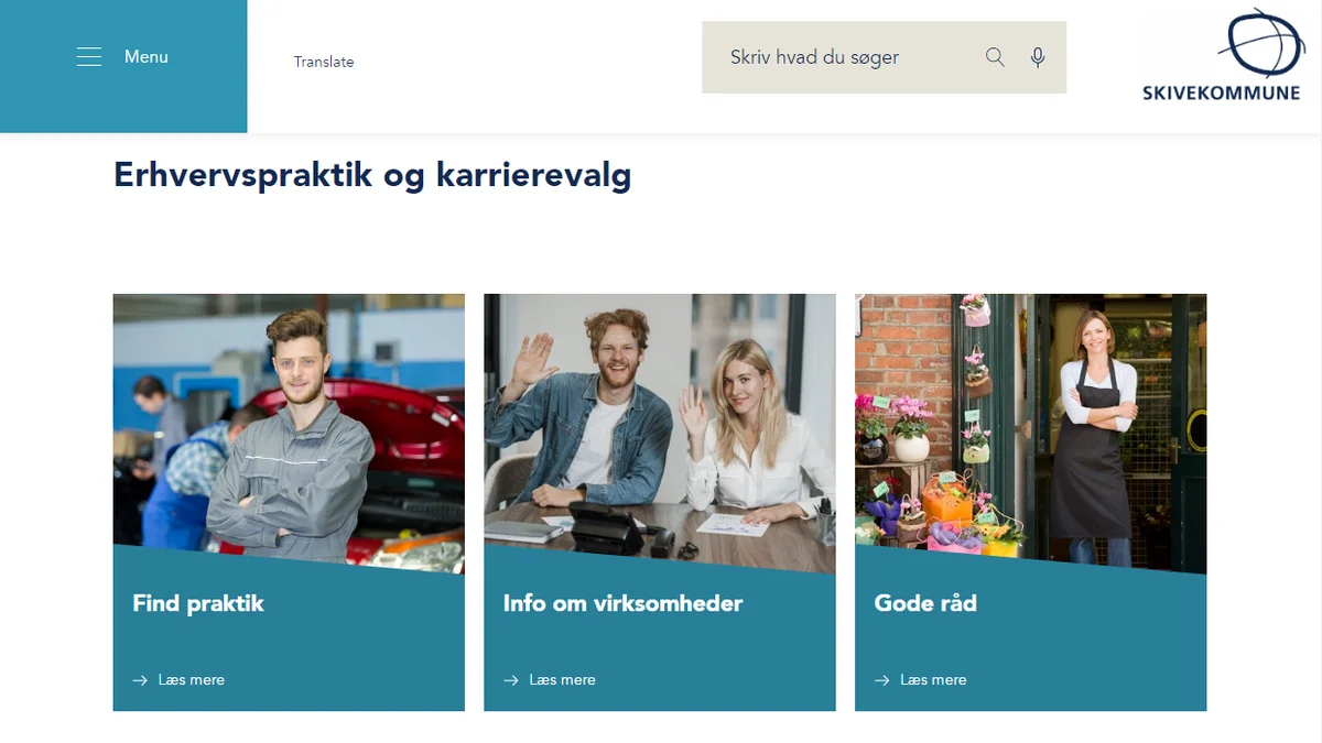 Forside på praktik.skive.dk hjemmesiden