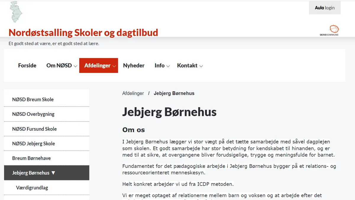 Forside på Jebjerg Børnehus' hjemmeside - NØSD
