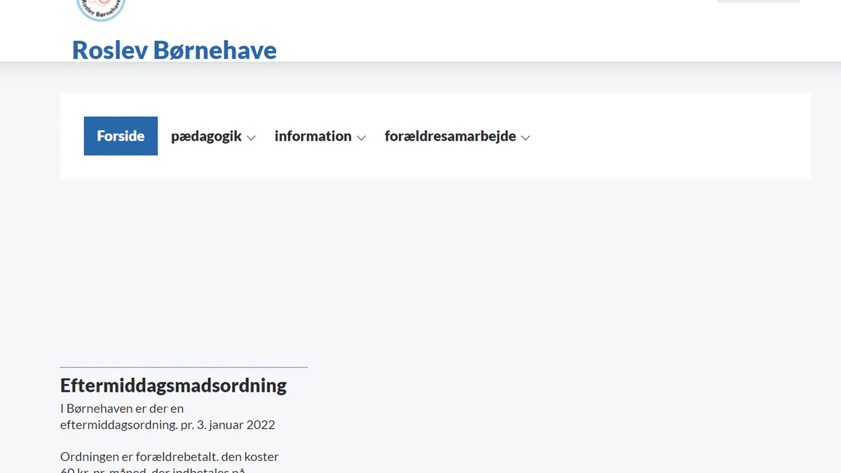 Forside på Roslevs Børnehaves hjemmeside