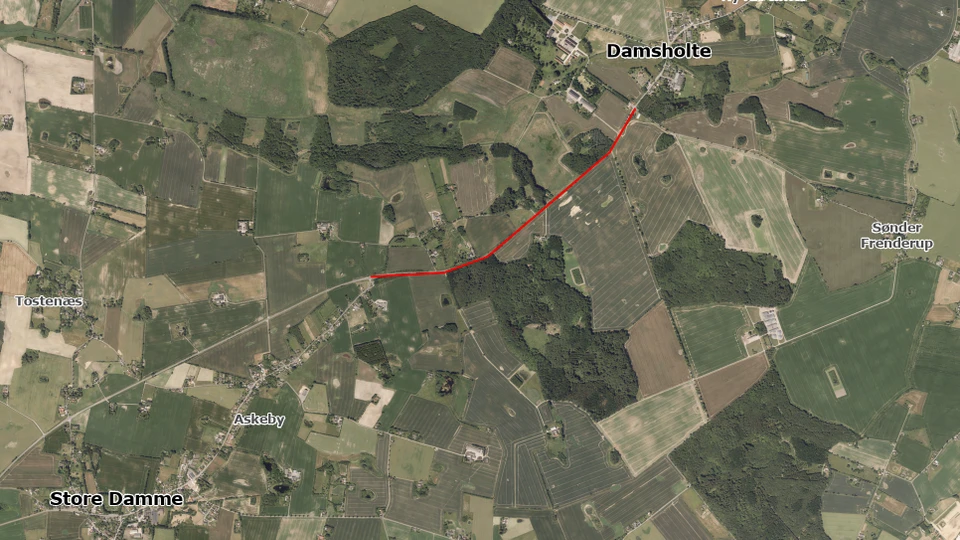 Gis kort med oversigt over Grønsundvej mellem Store Damme og Damsholte