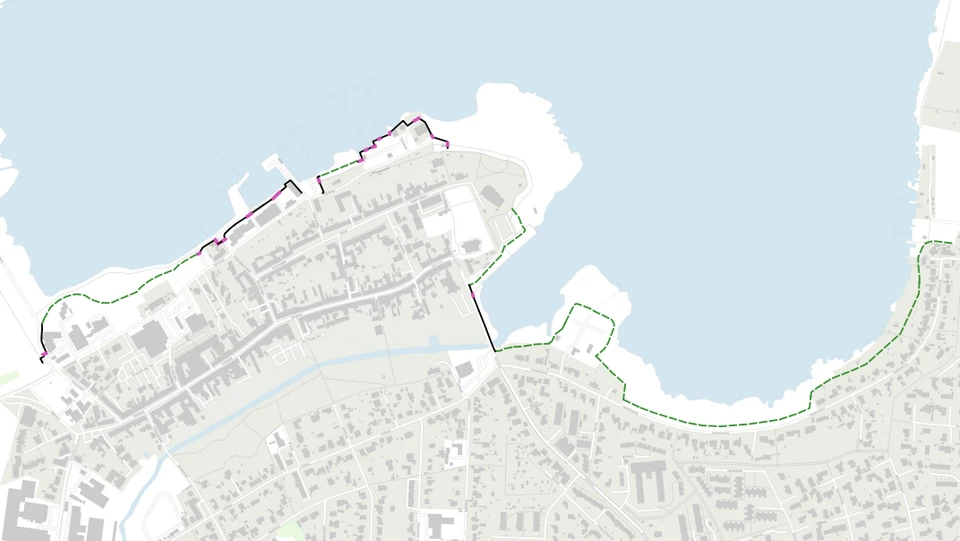 Kort fra Cowi, der viser det foreslåede forløb af diger og mure