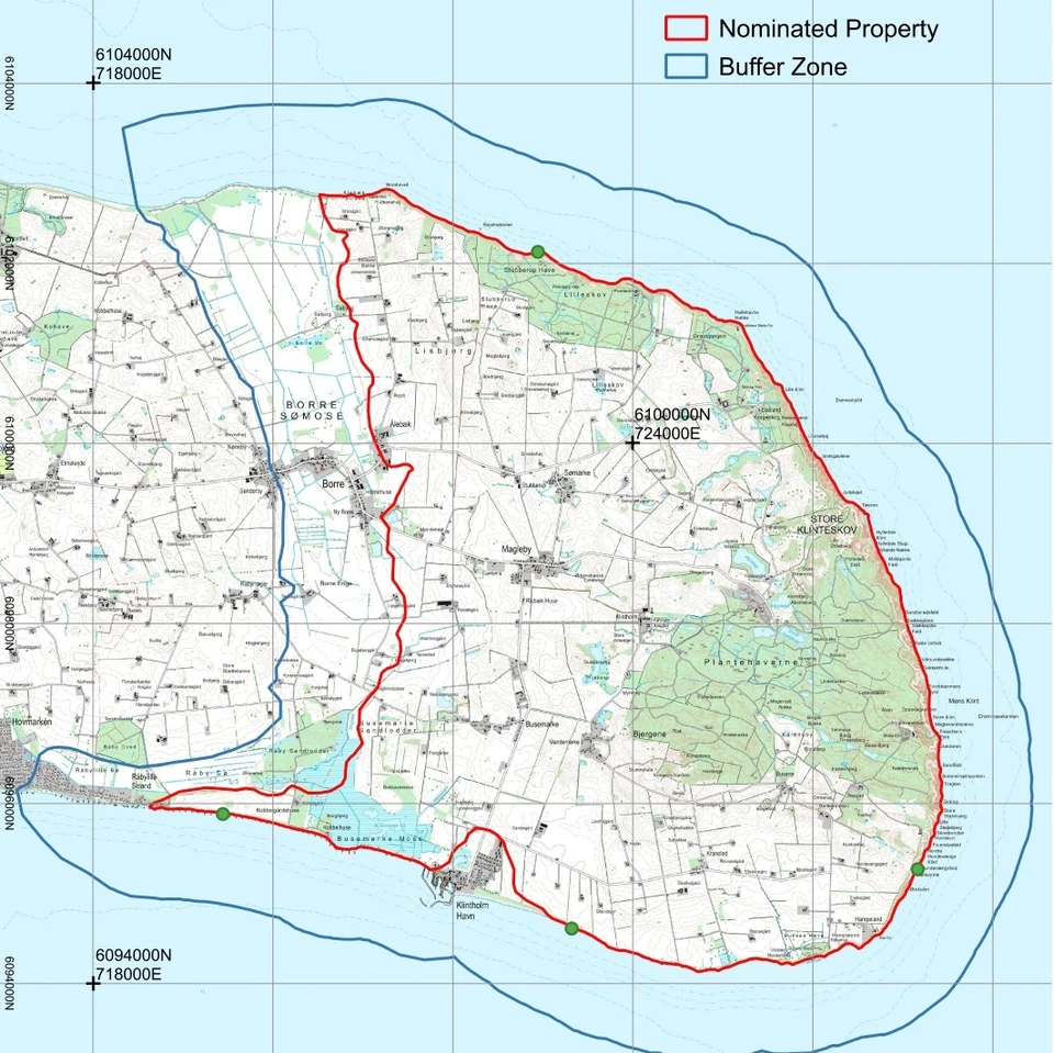 Kort over det udvidede potentielle UNESCO område på Møn