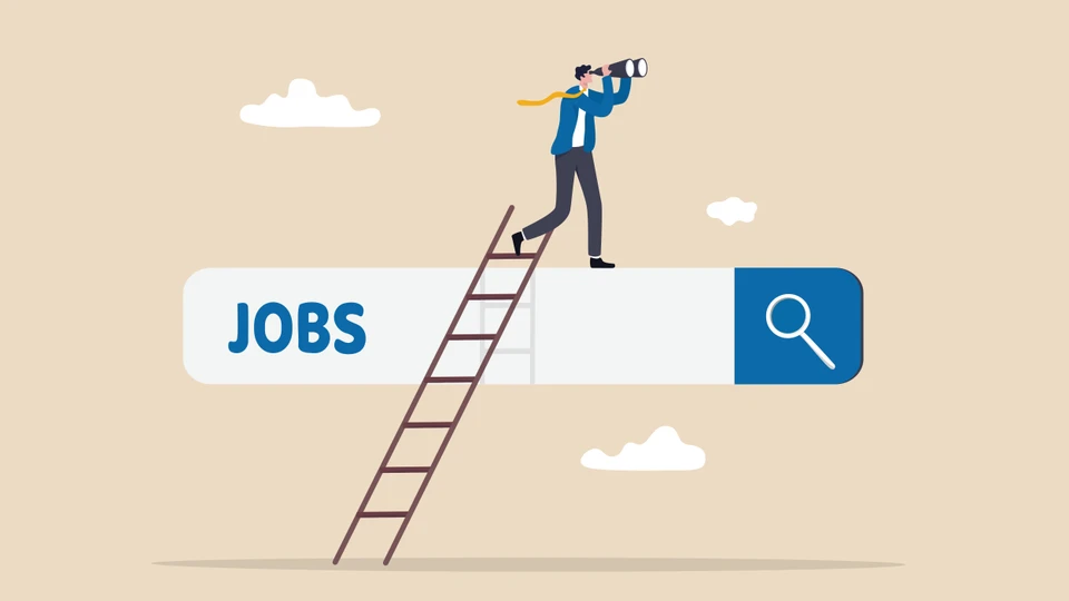 Grafisk illustration af mand, der søger efter jobs