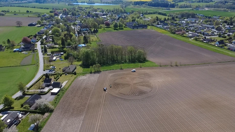 Luftfoto af den nyplantede skov ved Bårse med det synlige indvielseskors i jorden