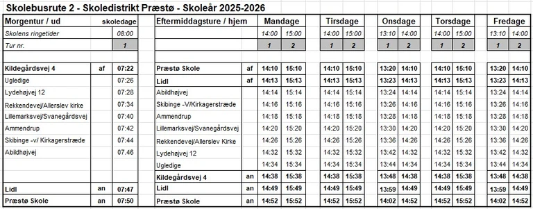 Køreplan for skolebusrute 2