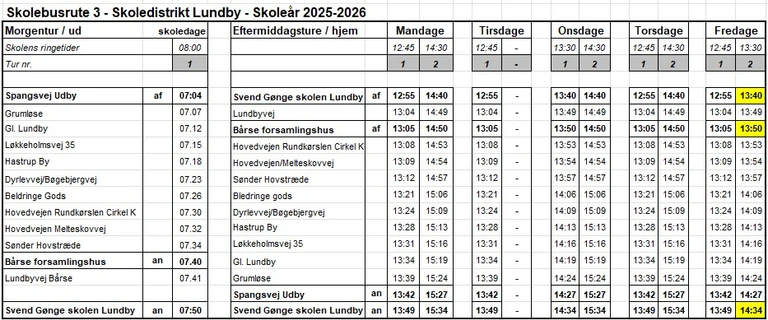 Køreplan for skolebusrute 3
