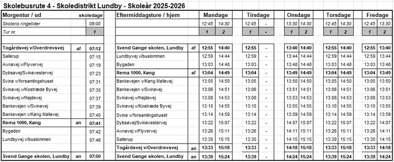 Køreplan for skolebusrute 4