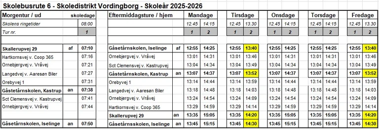 Køreplan for skolebusrute 6