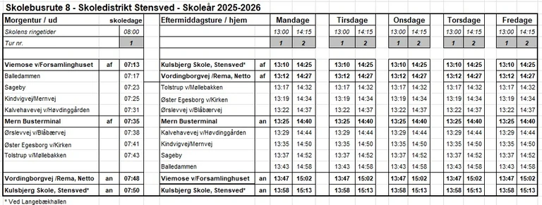 Køreplan for skolebusrute 8