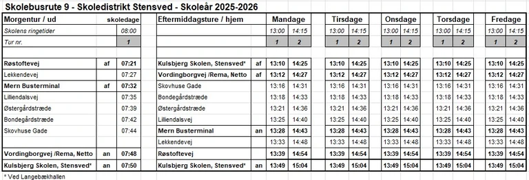 Køreplan for skolebusrute 9