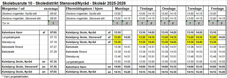 Køreplan for skolebusrute 10