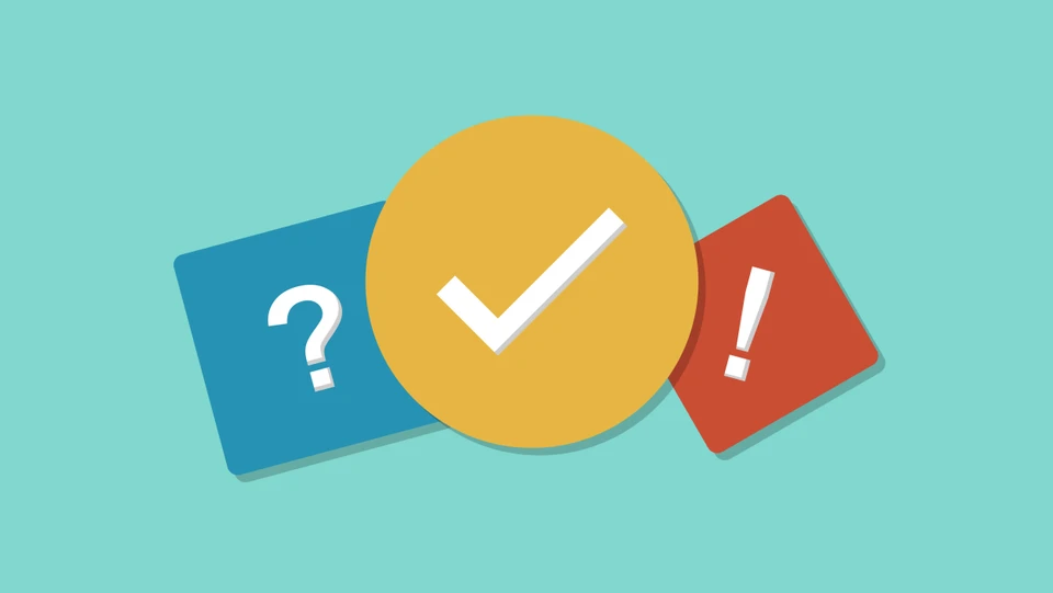 Billede af et spørgsmålstegn, flueben og udråbstegn, der illustrerer quiz